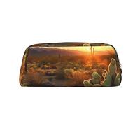 Bolsa de maquillaje de piel con diseño de cactus y atardecer, bolsa de aseo de viaje, bolsa de almacenamiento diario para mujer, Gold, Talla única, Organizador de bolsas