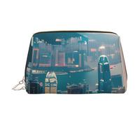 Bolsa de maquillaje de piel con estampado de Hong Kong para mujer, bolsa de aseo de viaje para artículos de tocador, bolsa de cosméticos