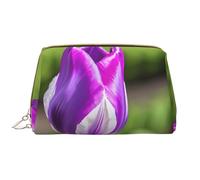 Bolsa de maquillaje de piel de tulipán morado con cremallera y bonita bolsa grande de apertura amplia, White, Talla única