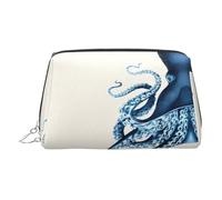 Bolsa de maquillaje de piel dorada, bolsa de cosméticos de viaje con estampado de pulpo para mujer, organizador pequeño con asa, bolsa con cremallera, Silver, Talla única