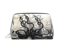Bolsa de maquillaje de piel dorada, bolsa de cosméticos de viaje con estampado de pulpo pirata, organizador de artículos de aseo portátil, bolsa con cremallera para uso diario, Silver, Talla única