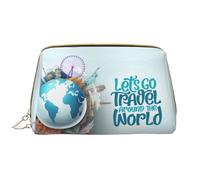 Bolsa de maquillaje de piel, Let's go Travel Around the World, bolsa de aseo de viaje para mujeres, bolsa de maquillaje, organizador de bolsas de maquillaje de gran capacidad, bonita bolsa de