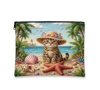 Bolsa de maquillaje de playa de gato de Bengala de verano, bolsa de maquillaje de 7 x 9 pulgadas para bolsa de viaje, bolsa de cosméticos de playa para mujer, organizador de lona portátil tropical con