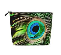 Bolsa de maquillaje de plumas de pavo real, resistente al agua, cáñamo falso, organizador de cosméticos grande, bolsa de viaje con cremallera