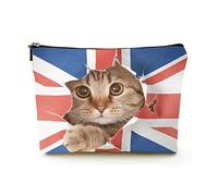 Bolsa de Maquillaje de Primera Calidad, Bolsas de cosméticos de Viaje de Lino para Mujer, minino rompiendo la Bandera Union Jack, Estuche de cosméticos Duradero