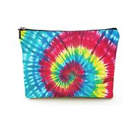 Bolsa de Maquillaje de Primera Calidad, Bolsas de cosméticos de Viaje de Lino para Mujer, Tinte Anudado psicodélico con Remolino Rojo, Amarillo y Azul, Estuche cosmético Duradero