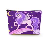 Bolsa de Maquillaje de Primera Calidad, Bolsas de cosméticos de Viaje de Lino para Mujer, Unicornio con una Melena Lila en un arcoíris, Estuche cosmético Duradero