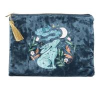 Bolsa de maquillaje de terciopelo Midnight Hare - Bolsa de cosméticos azul acero con diseño de conejo que mira la luna, bolsa de aseo compacta de viaje, regalo de terciopelo suave para mujeres y