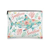 Bolsa de maquillaje de tiburón tropical, bolsa de cosméticos estética floral para mujer, organizador portátil de lona con cremallera, bolsa de aseo de viaje de verano, Aqua, 7x9 Inch, Tiburón