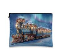 Bolsa de maquillaje de tren festivo, azul vintage, bolsa de viaje para mujeres, organizador portátil de lona con cremallera, bolsa de aseo de Navidad para el cuidado de la piel, Azul, 7x9 Inch, Tren