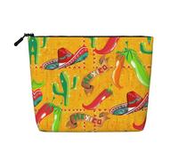 Bolsa de maquillaje de una sola capa con estampado de sombrero de cactus y chile, bolsa de maquillaje esencial con cremallera para mujer, gran capacidad, Negro -, Talla única