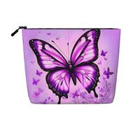 Bolsa de maquillaje de una sola capa de lino sintético de mariposa morada resistente al agua con cierre de cremallera para tus necesidades diarias o de viaje, Black, Talla única