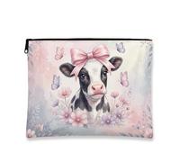 Bolsa de maquillaje de vaca floral, bolsa de cosméticos de mariposa vintage para mujer, organizador portátil con cremallera pequeña, bolsa de aseo de viaje de primavera, Melocotón, 7x9 Inch, Vaca