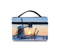 Bolsa de maquillaje de viaje, bolsa de cosméticos de viaje, diseño de molino de viento holandés cubierto de nieve, río helado al atardecer, organizador portátil, estuche profesional de cosméticos,