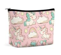 Bolsa de maquillaje de viaje, bolsa de cosméticos portátil impermeable con diseño de nubes, arcoíris, estrellas, unicornios mágicos, rosa, bolsa de maquillaje de piel sintética de gran capacidad, bols
