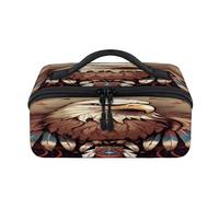 Bolsa de maquillaje de viaje con águilas étnicas aztecas, portátil, impermeable, abierta, plana, para artículos de tocador, cosméticos, organizador de viaje para mujeres y hombres