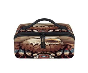 Bolsa de maquillaje de viaje con águilas étnicas aztecas, portátil, impermeable, abierta, plana, para artículos de tocador, cosméticos, organizador de viaje para mujeres y hombres
