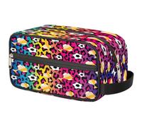 Bolsa de maquillaje de viaje con diseño de leopardo colorido de fútbol para mujeres, hombres, niños, niñas, niños, bolsa de lavado de trofeos de fútbol, bolsa organizadora de artículos de tocador