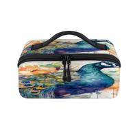 Bolsa de maquillaje de viaje con diseño de pavo real, acuarela, portátil, impermeable, abierta, plana, para artículos de tocador, cosméticos, organizador de viaje para mujeres y hombres