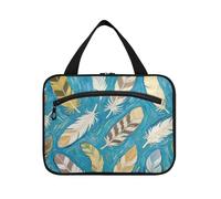 Bolsa de maquillaje de viaje con diseño de plumas, color azul, grande, con gancho, kit de aseo unisex para mujer, viajes, bolsas para hombre, talla L, Pintura artística azul plumas, L
