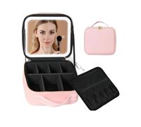 Bolsa de maquillaje de viaje con espejo iluminado LED, estuche de maquillaje con separadores ajustables para el hogar, regalo, vacaciones, Pink, Talla única