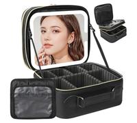 Bolsa de maquillaje de viaje con espejo LED de doble capa, espejo de tocador desmontable con luces, triple luz regulable, estuche de maquillaje con separadores ajustables y soporte para brochas,