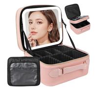 Bolsa de maquillaje de viaje con espejo LED de doble capa, espejo de tocador desmontable con luces, triple luz regulable, estuche de maquillaje con separadores ajustables y soporte para brochas,