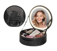 Bolsa de maquillaje de viaje con espejo LED, pequeña bolsa de cosméticos redonda, negra, recargable y portátil, batería de 2000 mAh, 3 escenarios de color, divisores de brillo ajustables, organizador
