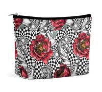 Bolsa de Maquillaje de Viaje, Gran Capacidad, con diseño de Flores de peonía roja, ajedrez Blanco y Negro, Cuadros de Caballos, Bolsas de cosméticos Florales para Mujer, Bolsa de artículos de tocador