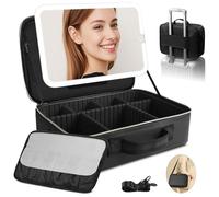 Bolsa de maquillaje de viaje grande mejorada con espejo LED, estuche de maquillaje profesional de 15 pulgadas con 3 modos de color, espejo iluminado de atenuación, organizador de maquillaje con
