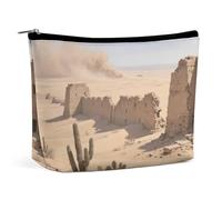 Bolsa de maquillaje de viaje impermeable, organizador de piel sintética, bolsas de cosméticos con ruinas del desierto, pequeño estuche de aseo bonito, bolsa portátil con cremallera para mujeres y