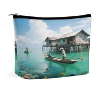 Bolsa de maquillaje de viaje impermeable, organizador de piel sintética, bolsas de cosméticos de pueblos en el mar, pequeño estuche de aseo bonito, bolsa portátil con cremallera para mujeres y hombres