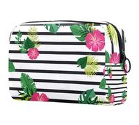 Bolsa de maquillaje de viaje para mujer, diseño de hojas tropicales de soya floral, a rayas negras, bolsa de cosméticos portátil, estuche de maquillaje, bolsa de aseo para niñas adolescentes,