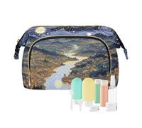 Bolsa de maquillaje de viaje para mujer, diseño de pueblo, río, noche estrellada, pintura al óleo, gran capacidad, multicolor, Talla única, Informal