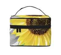 Bolsa de Maquillaje de Viaje para Mujer, Organizador de cosméticos Grande con diseño de Girasoles Amarillos y Flores Azules de Acuarela.