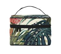 Bolsa de Maquillaje de Viaje para Mujer, Organizador de cosméticos Grande con diseño de Hojas de Palmera exóticas, Hojas de Jungla, Flores Tropicales, Rosa y Verde.