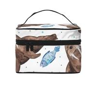 Bolsa de Maquillaje de Viaje para Mujer, Organizador de cosméticos Grande con diseño de morsa marrón Acuarela.