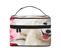 Bolsa de Maquillaje de Viaje para Mujer, Organizador de cosméticos Grande con diseño de Perro Samoyedo y Flores Rosas.