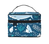 Bolsa de Maquillaje de Viaje para Mujer, Organizador de cosméticos Grande con diseño de tiburón Sonriente, Peces, Estrellas de mar y Animales Marinos en Azul.