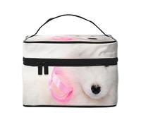 Bolsa de Maquillaje de Viaje para Mujer, Organizador de cosméticos Grande, diseño de Cachorro de Samoyedo Blanco con Lazo Peludo.