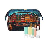 Bolsa de maquillaje de viaje Village by The River Side Under Starry Sky Bolsas de cosméticos de gran capacidad para mujer, multicolor, Talla única, Informal