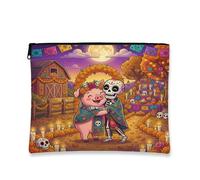 Bolsa de maquillaje del cerdo del Día de los Muertos, divertida bolsa de viaje para cosméticos de esqueleto para mujeres y niñas, organizador portátil de lona con cremallera, bolsa de aseo de granja