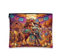Bolsa de maquillaje del Día de los Caballos Muertos, divertida bolsa de viaje para cosméticos de esqueleto para mujeres y niñas, organizador portátil de lona con cremallera, bolsa de aseo de granja de
