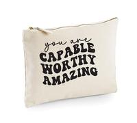 Bolsa de maquillaje divertida con texto en inglés "You are Capable Worthy", beige
