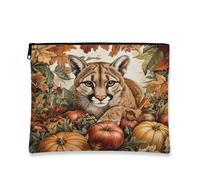 Bolsa de maquillaje Fall Harvest Cougar, bolsa de viaje para cosméticos de hojas de calabazas otoñales para mujer, organizador portátil de lona con cremallera, bolsa de aseo de animales de 7 x 9