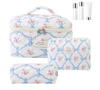 Bolsa de maquillaje floral, bolsa de maquillaje de arco de 3 piezas/set S/M/L Tamaño de algodón acolchado portátil suave con cremallera y manija, cosmético floral para el organizador de almacenamient