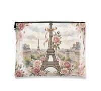 Bolsa de maquillaje floral clásico, bolsa de cosméticos con diseño de torre de París para mujeres, organizador portátil de viaje con cierre, perfecto para escapadas de primavera y verano, Melocotón