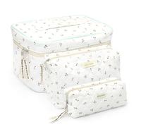 Bolsa de maquillaje floral de 3 piezas, bolsa de maquillaje acolchada de viaje grande para mujeres y niñas, organizador de maquillaje floral de algodón, multicolor, Cereza