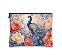 Bolsa de maquillaje floral vintage, bolsa de cosméticos de pavo real azul y rosas para mujer, organizador de viaje portátil de lona con cremallera, bolsa de aseo de primavera para el cuidado de la