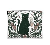 Bolsa de maquillaje floral vintage, con ilustración de gato verde, bolsa de viaje para mujeres, bolsa portátil de lona con cremallera, organizador de regalo para amantes del café, 7 x 9 pulgadas